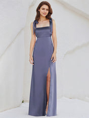 A Line Satin Square Neck Sleeveless Floor Length Bridesmaid Dresses With Bow