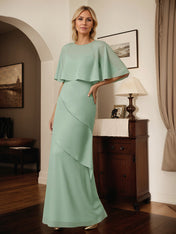 A Line Sage Chiffon Scoop Neck Cape Sleeves Floor Length Dress