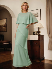 A Line Sage Chiffon Scoop Neck Cape Sleeves Floor Length Dress