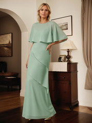 A Line Sage Chiffon Scoop Neck Cape Sleeves Floor Length Dress