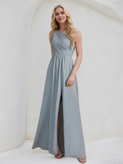 A-Line One Shoulder Floor-Length Lace Chiffon Bridesmaid Dress With Sequins