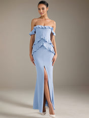 Light Blue Chiffon Sheath/Column Off The Shoulder Floor Length Bridesmaid Dresses