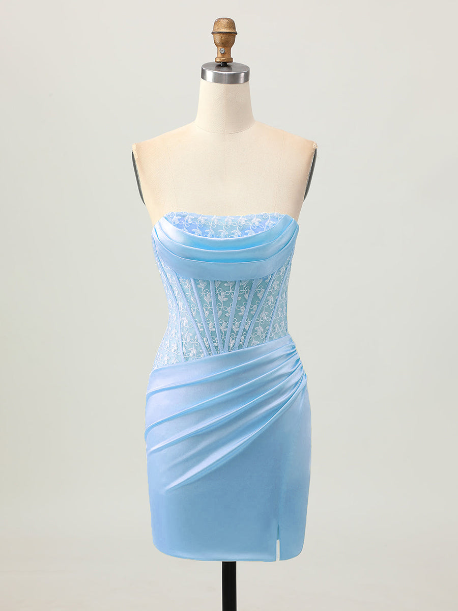 Blue Tight Strapless Satin Corset Homecoming Dress with Lace Up Back