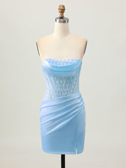 Blue Tight Strapless Satin Corset Homecoming Dress with Lace Up Back