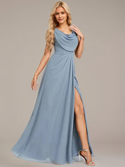 Dusty Blue A-Line V Neck Sleeveless Floor-Length Chiffon Bridesmaid Dress