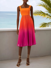Orange Pleated Ombre Classic Square Neck Sleeveless A-Line Midi Dress
