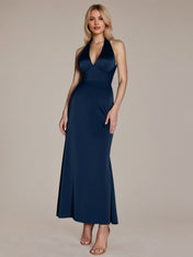 Navy Sheath/Column Satin Halter Neck Sleeveless Ankle Length Dress