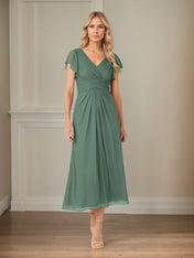 Green A Line Chiffon V Neck Short Sleeves Tea Length Mother of the Bride Dresses