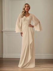 Sheath/Column Chiffon V Neck Long Sleeves Floor Length Mother of the Bride Dresses With Appliques