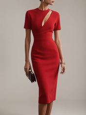 Red Sheath/Column Stretch Crepe Scoop Neck Short Sleeves Tea Length Dresses