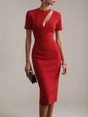 Red Sheath/Column Stretch Crepe Scoop Neck Short Sleeves Tea Length Dresses