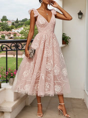 Light Pink Floral Ruffled Classic V Neck Sleeveless Ruffle Sleeve A-Line Midi Dress