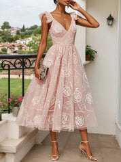 Light Pink Floral Ruffled Classic V Neck Sleeveless Ruffle Sleeve A-Line Midi Dress
