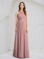 Dusty Rose A-Line Halter Neck Floor-Length Tulle Bridesmaid Dress