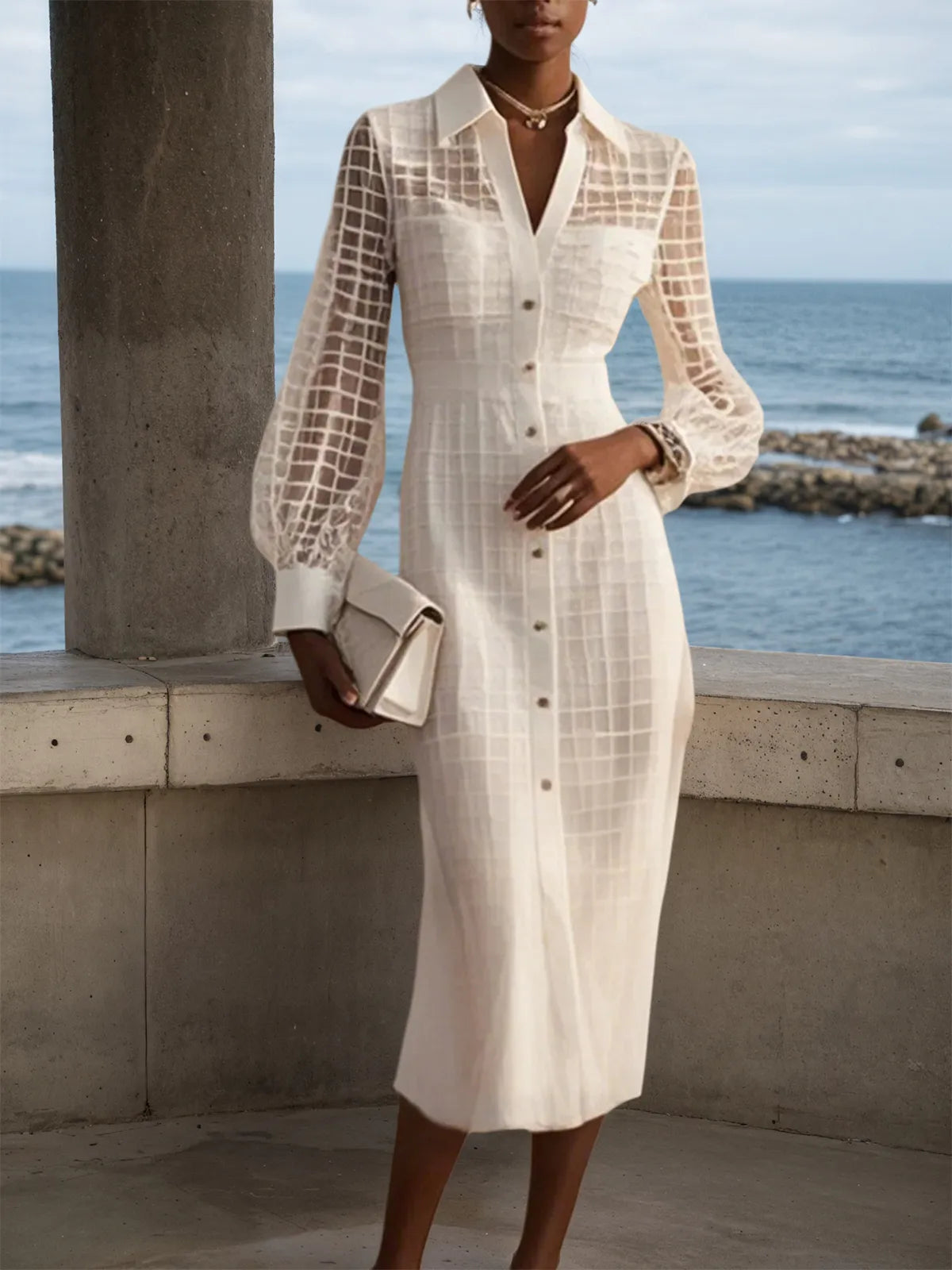 White Shirt Dress Shirt Collar Long Sleeve Balloon Sleeve Sheath Midi Dress