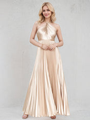 Champagne A Line Satin Cross Neck Sleeveless Floor Length Dress
