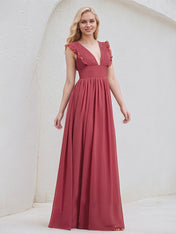 Cinnamon Rose Chiffon A Line V Neck Sleeveless Floor Length Bridesmaid Dress