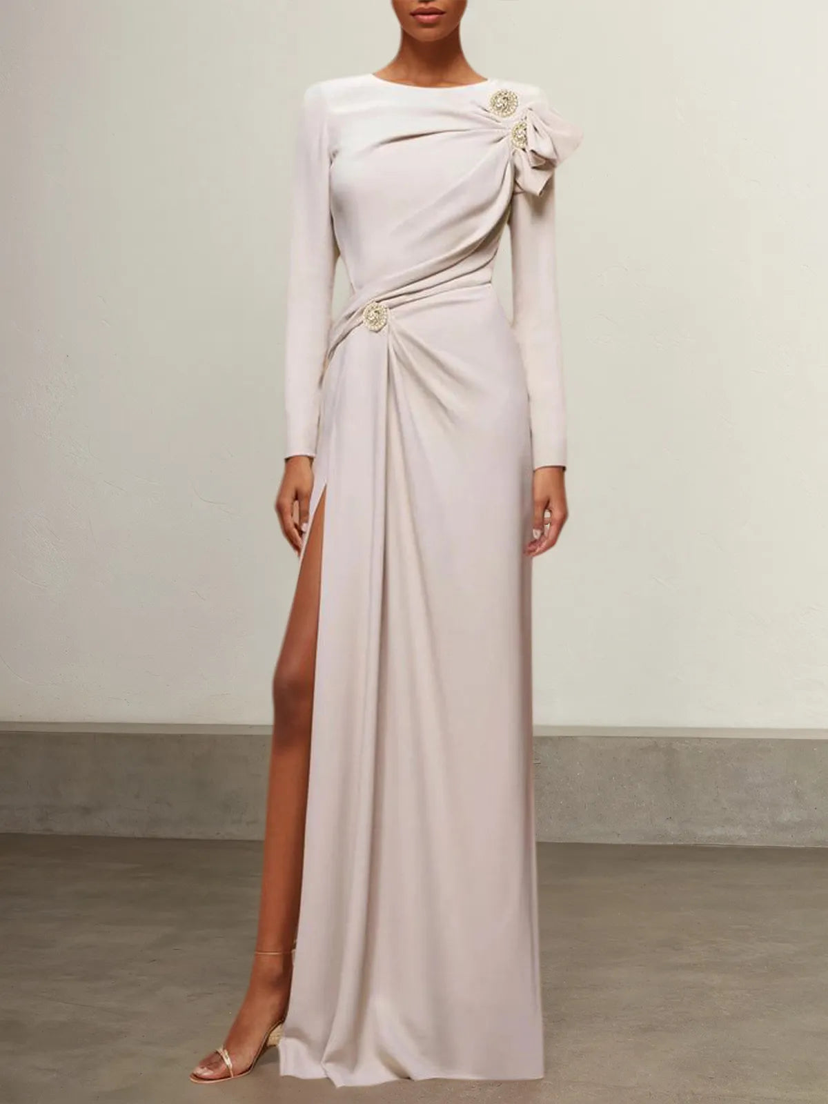 Apricot Ruched Long Sleeve Slit Shift Maxi Dress