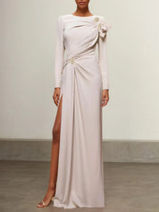 Apricot Ruched Long Sleeve Slit Shift Maxi Dress