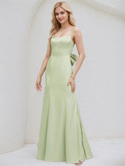 Celadon Satin Spaghetti Straps Sleeveless Floor Length Bridesmaid Dress With Bow