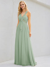 Sage Chiffon A Line V Neck Sleeveless Floor Length Bridesmaid Dresses