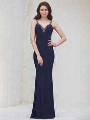 Navy Chiffon Spaghetti Straps Sleeveless Floor Length Bridesmaid Dress With Beadings