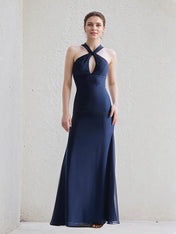 Navy Stretch Crepe A Line Twist Knot Neckline Sleeveless Floor Length Bridesmaid Dress