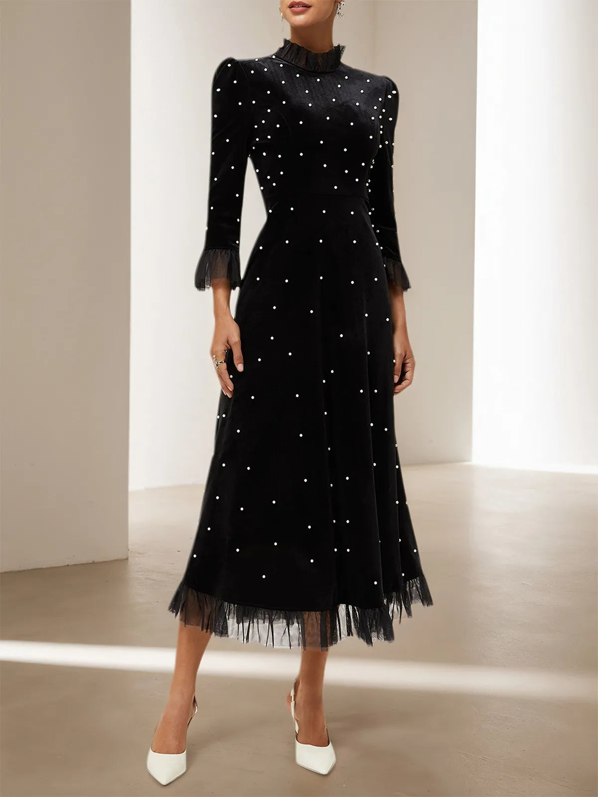Dreamylily Women Black Beaded High Neck Three Quarter Sleeve A-Line Maxi Velvet Dress