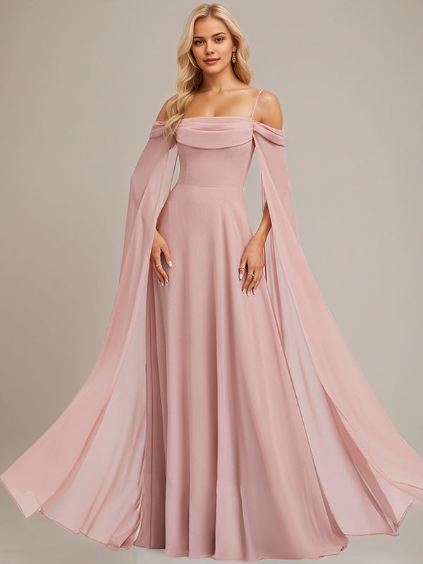 Dusty Rose A-Line Cold Shoulder Spaghetti Straps Floor-Length Chiffon Bridesmaid Dress With Ruffle