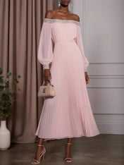 Pink Pleated Hotfix Embellished Chiffon Off The Shoulder Long Sleeve Balloon Sleeve A-Line Maxi Dress