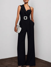 Black Side-Slit Sleeveless Wide-Leg Jumpsuit With Belt