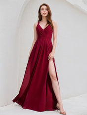 Burgundy A-Line V-Neck Floor-Length Chiffon Bridesmaid Dress