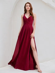 Burgundy A-Line V-Neck Floor-Length Chiffon Bridesmaid Dress
