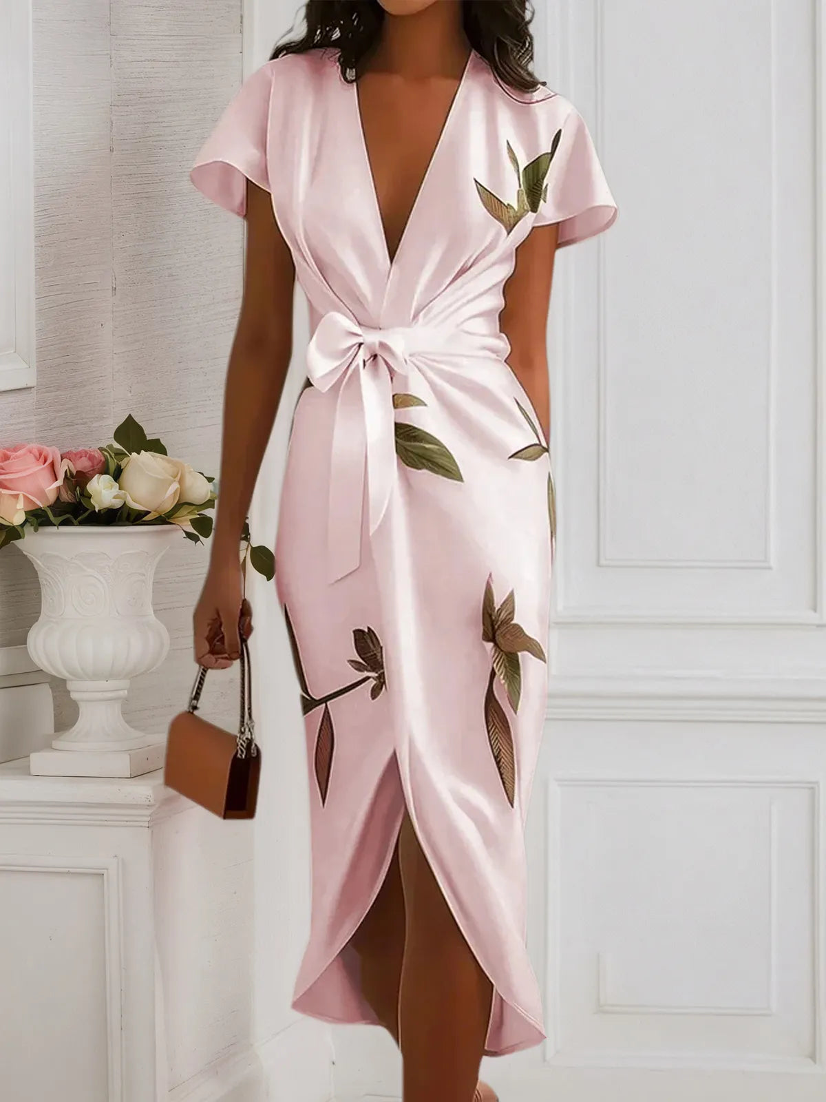 Pink Floral Satin V Neck Cap Sleeve Sheath Midi Dress