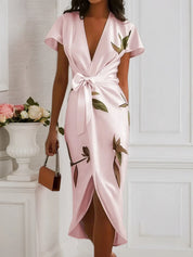 Pink Floral Satin V Neck Cap Sleeve Sheath Midi Dress