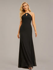 Black Stretch Crepe Sheath/Column Halter Floor-Length Chiffon Bridesmaid Dress