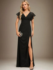 Sheath/Column V-Neck Floor-Length Chiffon Dress With Pleated Sequins Beading