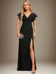 Sheath/Column V-Neck Floor-Length Chiffon Dress With Pleated Sequins Beading