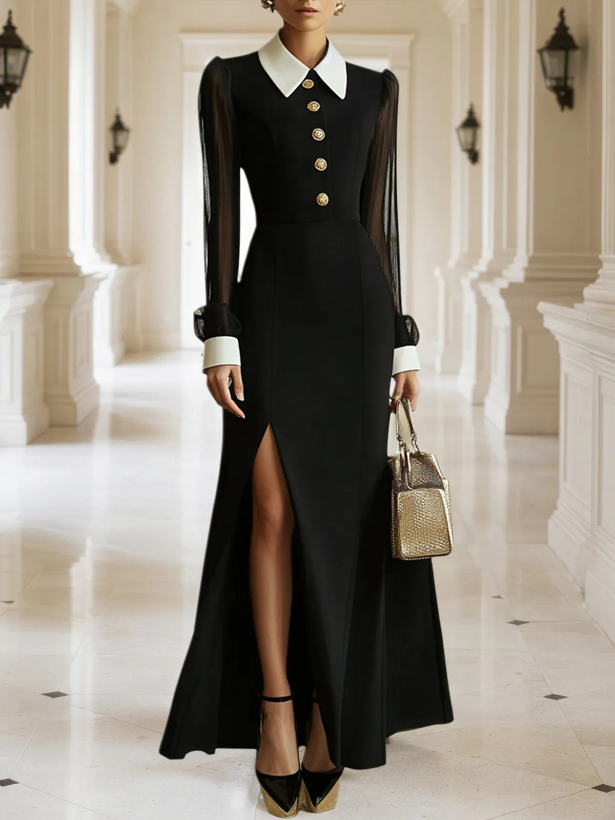 Black Mesh Collared Long Puff Sleeve Slit A-Line Blazer Maxi Dress