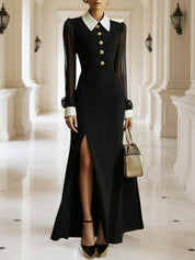 Black Mesh Collared Long Puff Sleeve Slit A-Line Blazer Maxi Dress