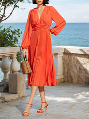 Orange Pleated V Neck Balloon Sleeve A-Line Midi Chiffon Dress
