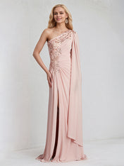 A Line Pink Chiffon One Shoulder Long cape sleeve Floor Length Pleated Dress With Appliques