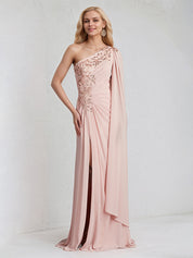 A Line Pink Chiffon One Shoulder Long cape sleeve Floor Length Pleated Dress With Appliques