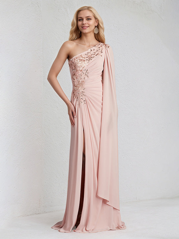 A Line Pink Chiffon One Shoulder Long cape sleeve Floor Length Pleated Dress With Appliques