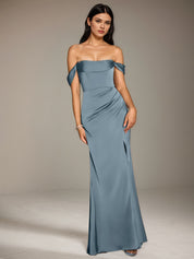 Dusty Blue Satin Sheath/Column Off The Shoulder Sleeveless Floor Length Bridesmaid Dress