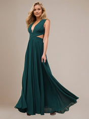 Green A Line Chiffon V Neck Sleeveless Floor Length Dresses