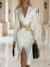 Elegant and Noble V-neck Waist Detail Print White Slit Midi Dress