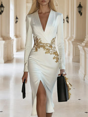 Elegant and Noble V-neck Waist Detail Print White Slit Midi Dress