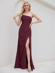Cabernet Chiffon A Line One Shoulder Sleeveless Floor Length Bridesmaid Dress