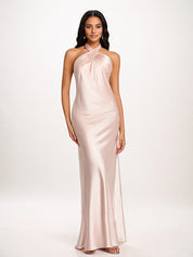 Pearl Pink Sheath/Column Halter Floor-Length Sleeveless Satin Bridesmaid Dress